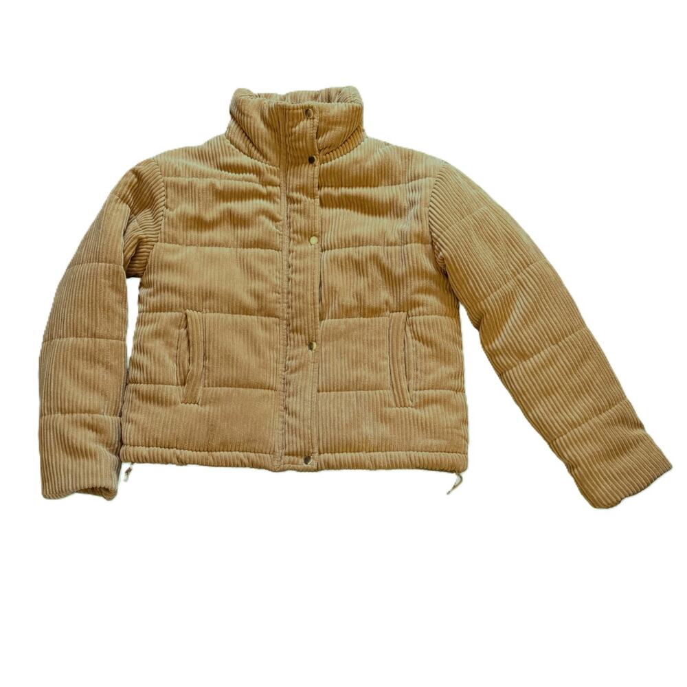 7 For All Mankind Puffer Jacket Womens XS Tan Corduroy Pockets Snap Front Zip Up